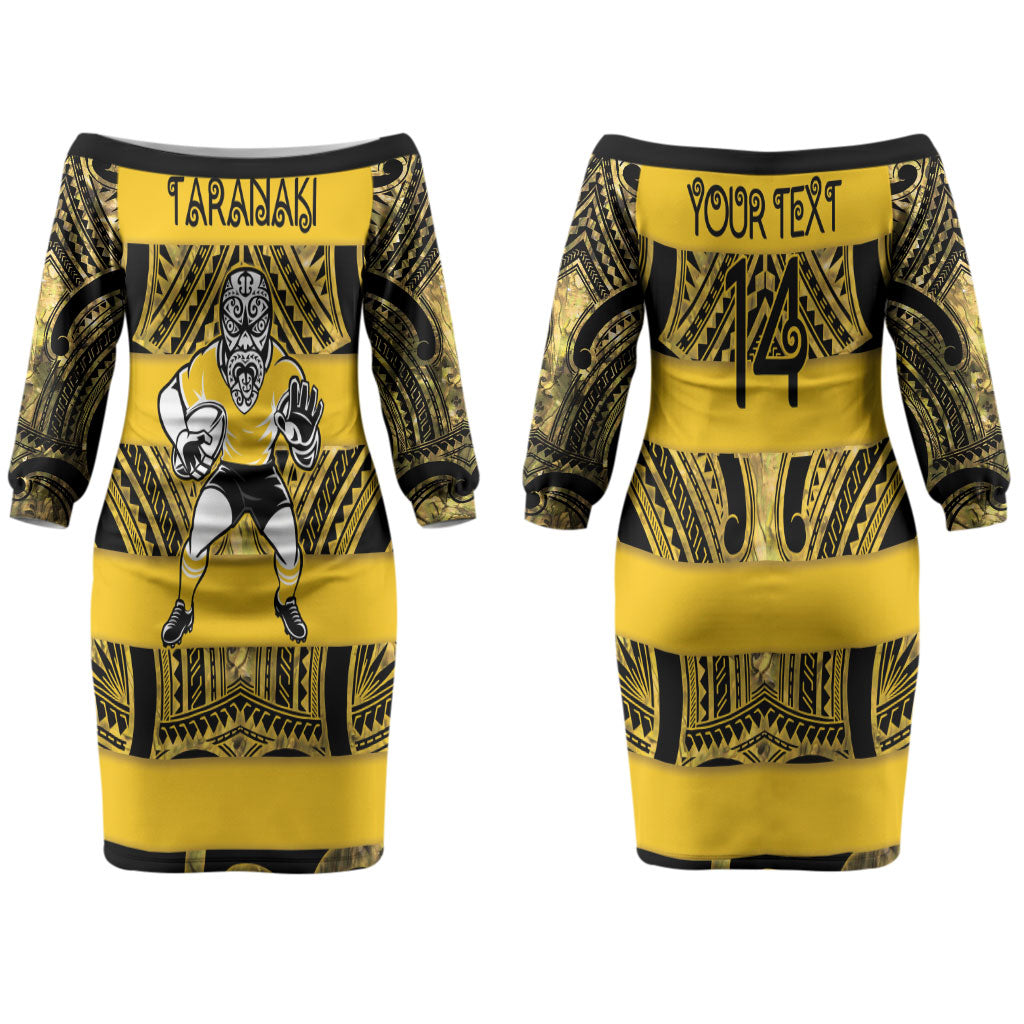 Taranaki Custom Rugby New Zealand Couples Matching Off The Shoulder Long Sleeve Dress and Long Sleeve Button Shirt Aotearoa Maori Pukana Tiki Mascot