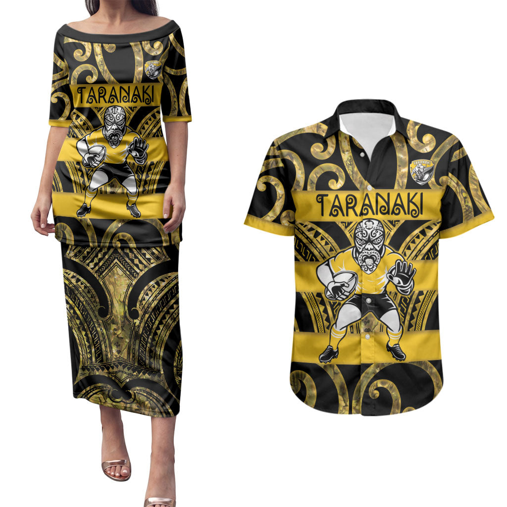 Taranaki Custom Rugby New Zealand Couples Matching Puletasi and Hawaiian Shirt Aotearoa Maori Pukana Tiki Mascot