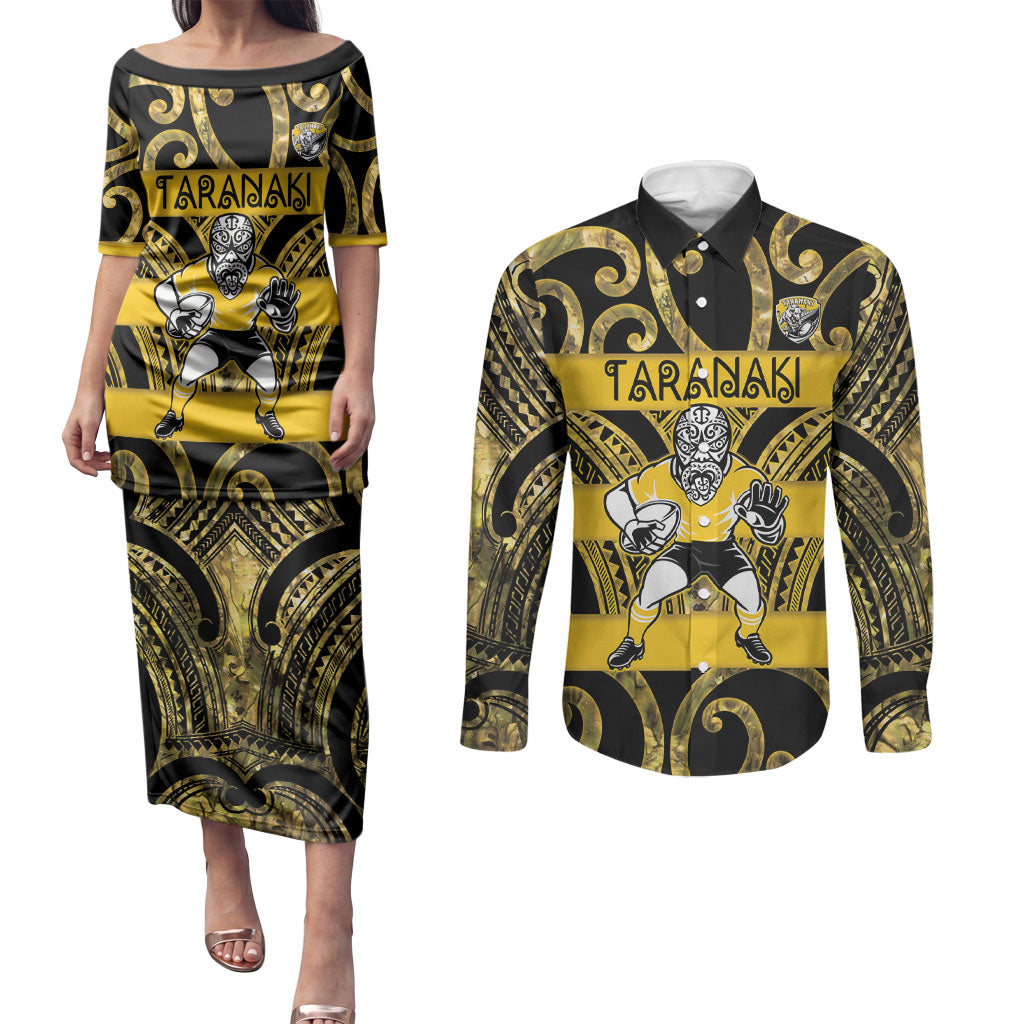 Taranaki Custom Rugby New Zealand Couples Matching Puletasi and Long Sleeve Button Shirt Aotearoa Maori Pukana Tiki Mascot