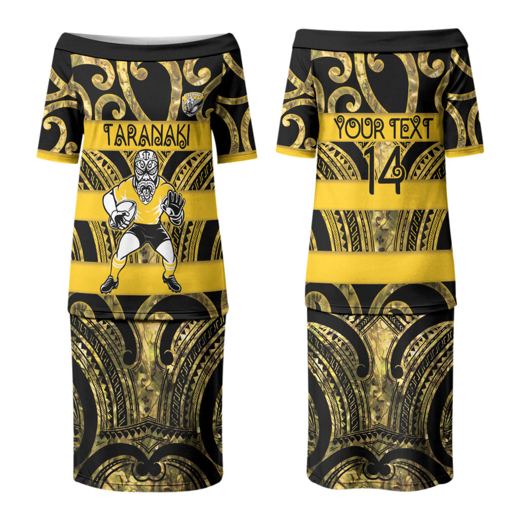Taranaki Custom Rugby New Zealand Couples Matching Puletasi and Long Sleeve Button Shirt Aotearoa Maori Pukana Tiki Mascot