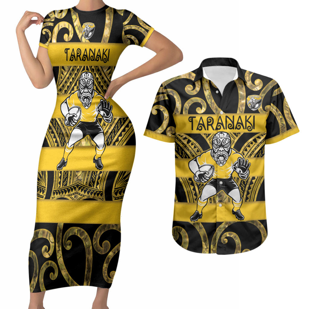 Taranaki Custom Rugby New Zealand Couples Matching Short Sleeve Bodycon Dress and Hawaiian Shirt Aotearoa Maori Pukana Tiki Mascot