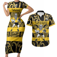 Taranaki Custom Rugby New Zealand Couples Matching Short Sleeve Bodycon Dress and Hawaiian Shirt Aotearoa Maori Pukana Tiki Mascot