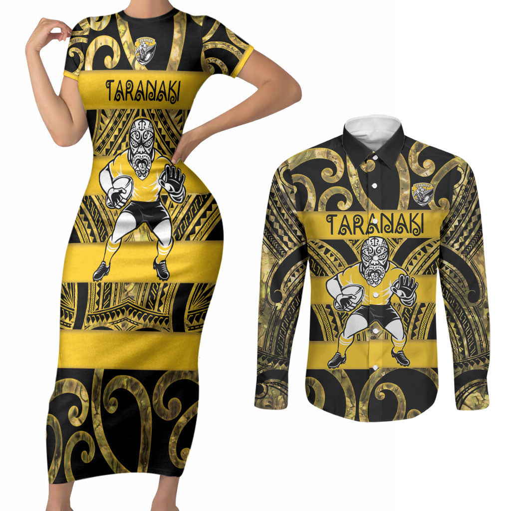 Taranaki Custom Rugby New Zealand Couples Matching Short Sleeve Bodycon Dress and Long Sleeve Button Shirt Aotearoa Maori Pukana Tiki Mascot