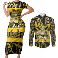 Taranaki Custom Rugby New Zealand Couples Matching Short Sleeve Bodycon Dress and Long Sleeve Button Shirt Aotearoa Maori Pukana Tiki Mascot