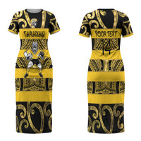 Taranaki Custom Rugby New Zealand Couples Matching Short Sleeve Bodycon Dress and Long Sleeve Button Shirt Aotearoa Maori Pukana Tiki Mascot