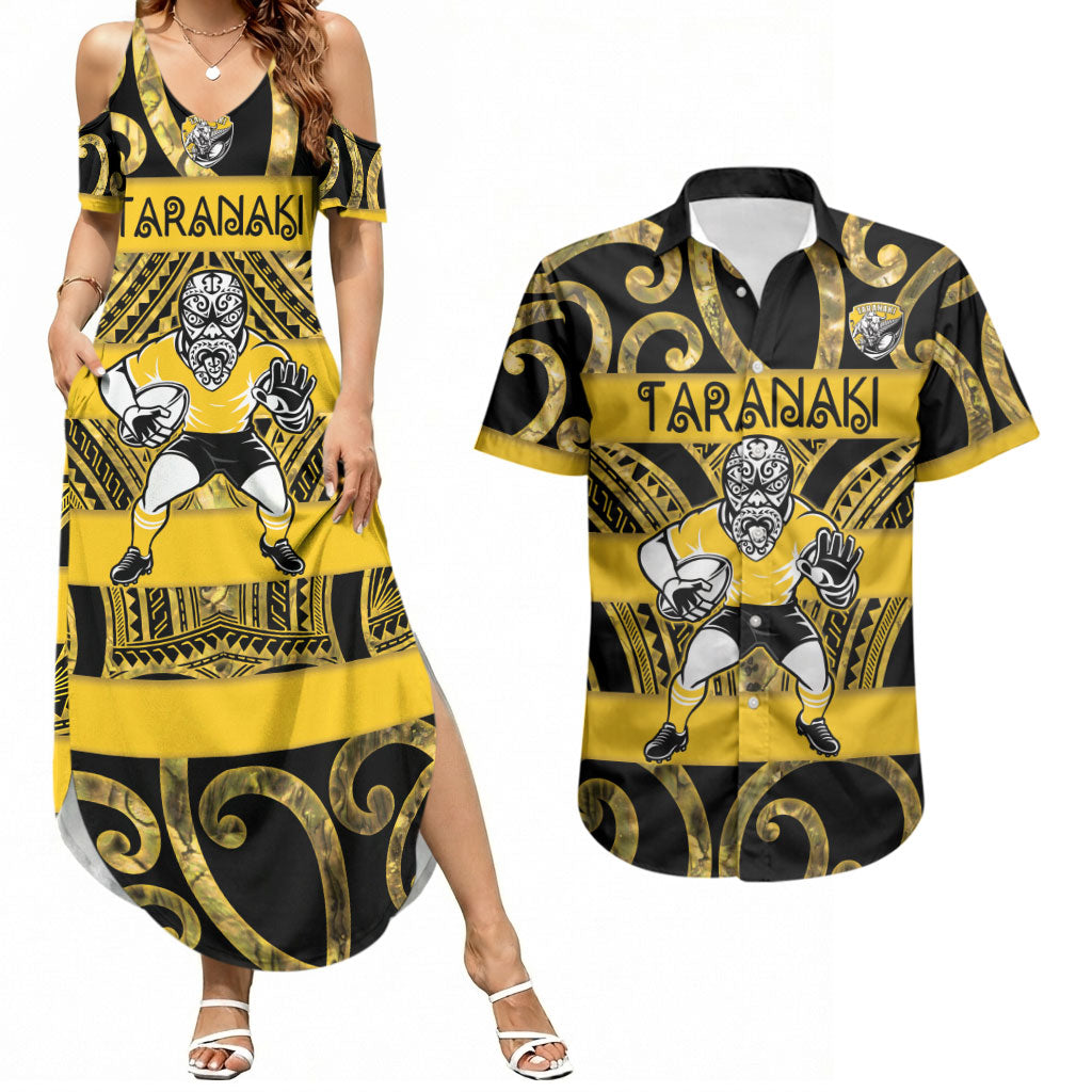 Taranaki Custom Rugby New Zealand Couples Matching Summer Maxi Dress and Hawaiian Shirt Aotearoa Maori Pukana Tiki Mascot