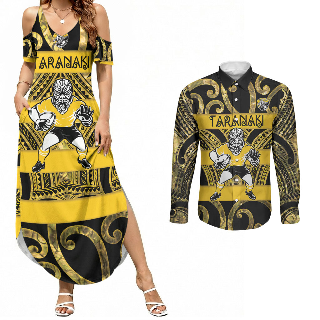 Taranaki Custom Rugby New Zealand Couples Matching Summer Maxi Dress and Long Sleeve Button Shirt Aotearoa Maori Pukana Tiki Mascot