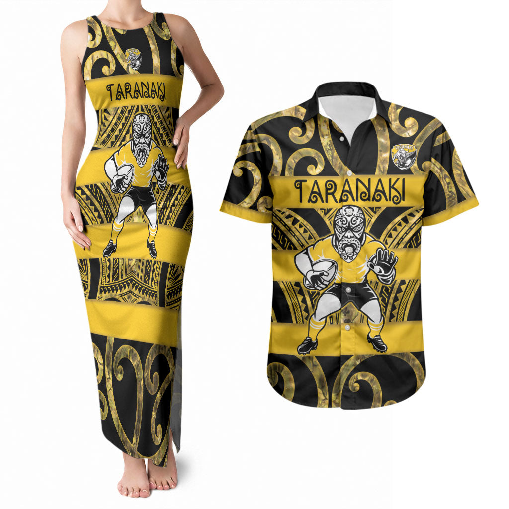 Taranaki Custom Rugby New Zealand Couples Matching Tank Maxi Dress and Hawaiian Shirt Aotearoa Maori Pukana Tiki Mascot