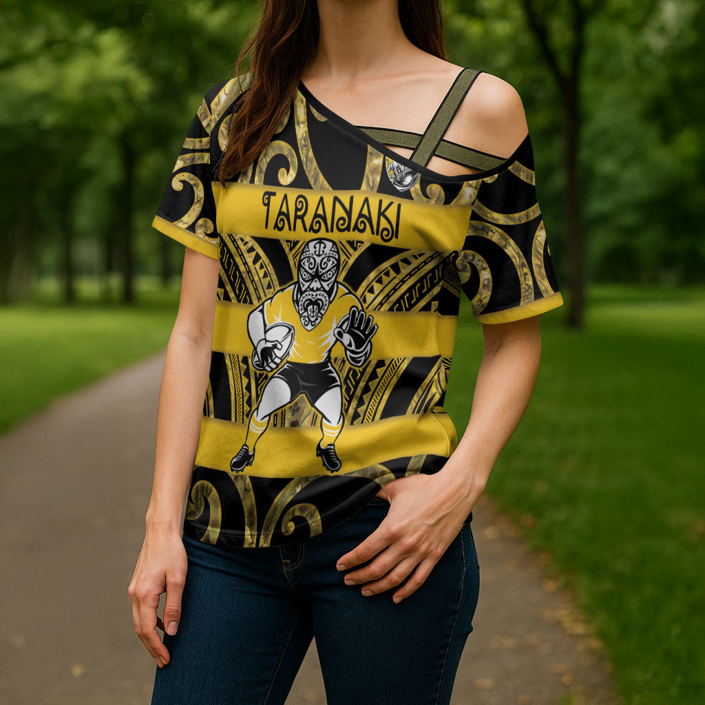 Taranaki Custom Rugby New Zealand Cross Shoulder Shirt Aotearoa Maori Pukana Tiki Mascot