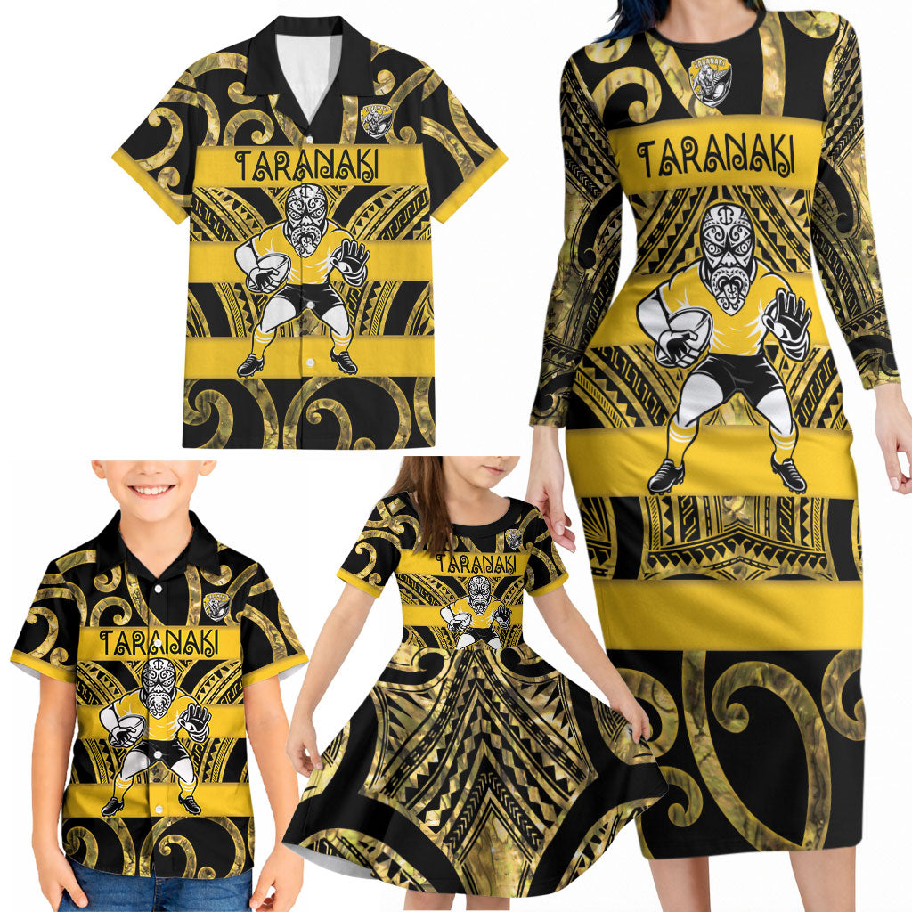 Taranaki Custom Rugby New Zealand Family Matching Long Sleeve Bodycon Dress and Hawaiian Shirt Aotearoa Maori Pukana Tiki Mascot