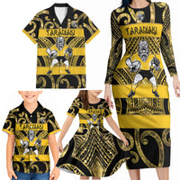 Taranaki Custom Rugby New Zealand Family Matching Long Sleeve Bodycon Dress and Hawaiian Shirt Aotearoa Maori Pukana Tiki Mascot