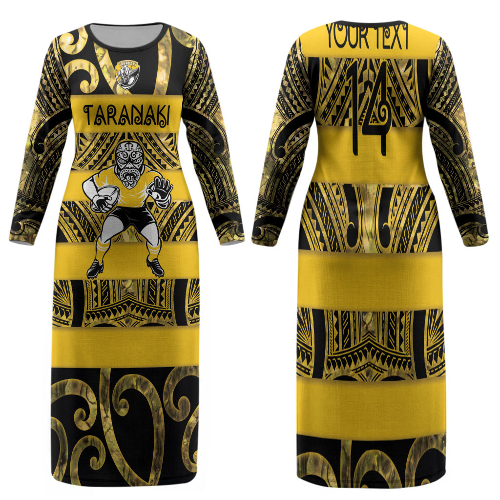 Taranaki Custom Rugby New Zealand Family Matching Long Sleeve Bodycon Dress and Hawaiian Shirt Aotearoa Maori Pukana Tiki Mascot