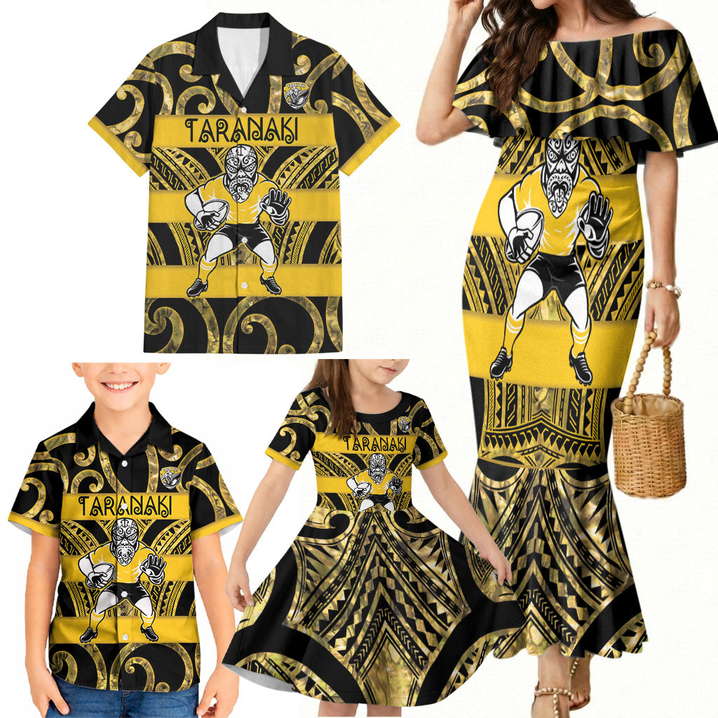 Taranaki Custom Rugby New Zealand Family Matching Mermaid Dress and Hawaiian Shirt Aotearoa Maori Pukana Tiki Mascot