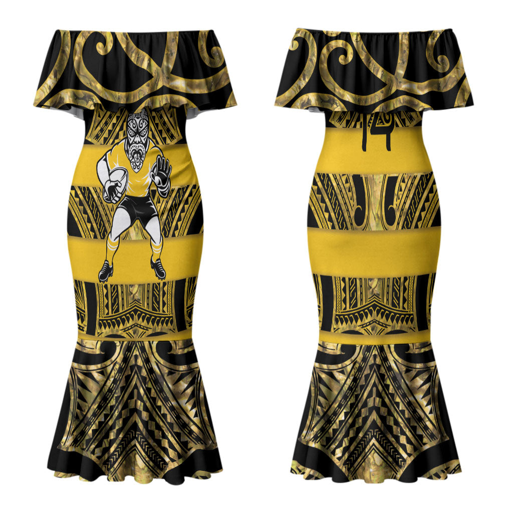 Taranaki Custom Rugby New Zealand Family Matching Mermaid Dress and Hawaiian Shirt Aotearoa Maori Pukana Tiki Mascot