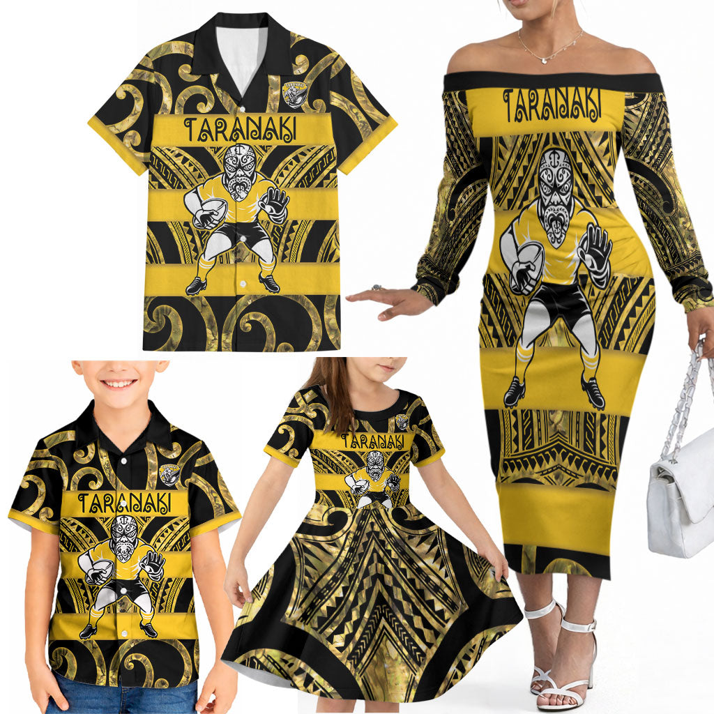 Taranaki Custom Rugby New Zealand Family Matching Off The Shoulder Long Sleeve Dress and Hawaiian Shirt Aotearoa Maori Pukana Tiki Mascot