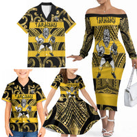 Taranaki Custom Rugby New Zealand Family Matching Off The Shoulder Long Sleeve Dress and Hawaiian Shirt Aotearoa Maori Pukana Tiki Mascot