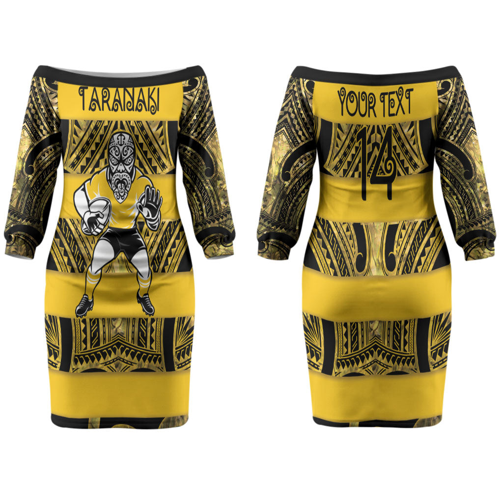 Taranaki Custom Rugby New Zealand Family Matching Off The Shoulder Long Sleeve Dress and Hawaiian Shirt Aotearoa Maori Pukana Tiki Mascot