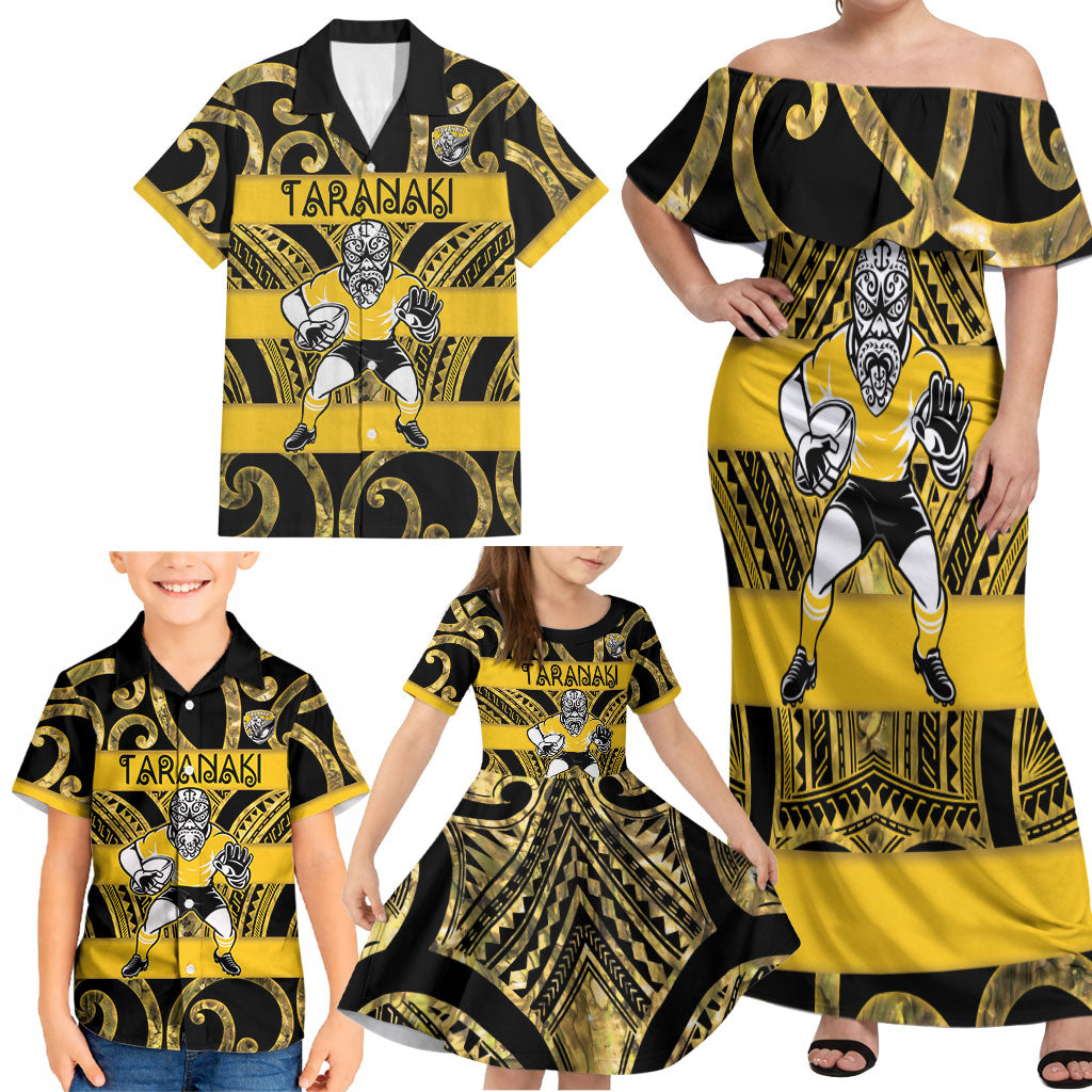 Taranaki Custom Rugby New Zealand Family Matching Off Shoulder Maxi Dress and Hawaiian Shirt Aotearoa Maori Pukana Tiki Mascot