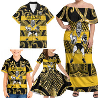 Taranaki Custom Rugby New Zealand Family Matching Off Shoulder Maxi Dress and Hawaiian Shirt Aotearoa Maori Pukana Tiki Mascot