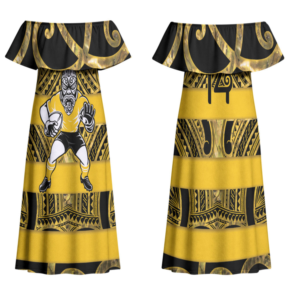 Taranaki Custom Rugby New Zealand Family Matching Off Shoulder Maxi Dress and Hawaiian Shirt Aotearoa Maori Pukana Tiki Mascot