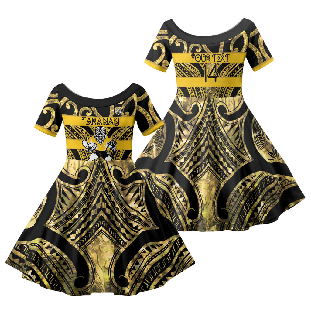 Taranaki Custom Rugby New Zealand Family Matching Off Shoulder Maxi Dress and Hawaiian Shirt Aotearoa Maori Pukana Tiki Mascot