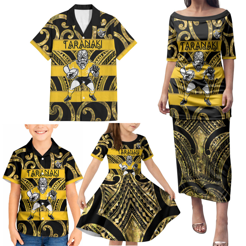 Taranaki Custom Rugby New Zealand Family Matching Puletasi and Hawaiian Shirt Aotearoa Maori Pukana Tiki Mascot