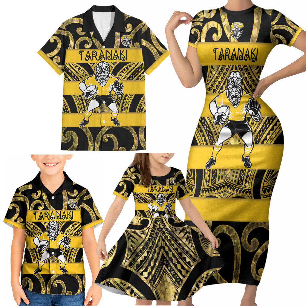 Taranaki Custom Rugby New Zealand Family Matching Short Sleeve Bodycon Dress and Hawaiian Shirt Aotearoa Maori Pukana Tiki Mascot
