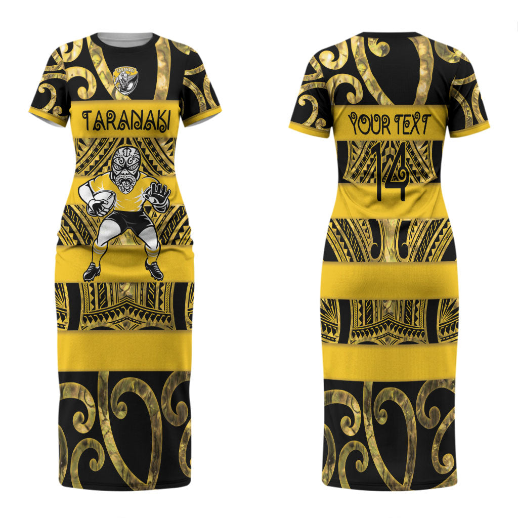 Taranaki Custom Rugby New Zealand Family Matching Short Sleeve Bodycon Dress and Hawaiian Shirt Aotearoa Maori Pukana Tiki Mascot