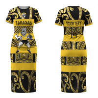 Taranaki Custom Rugby New Zealand Family Matching Short Sleeve Bodycon Dress and Hawaiian Shirt Aotearoa Maori Pukana Tiki Mascot