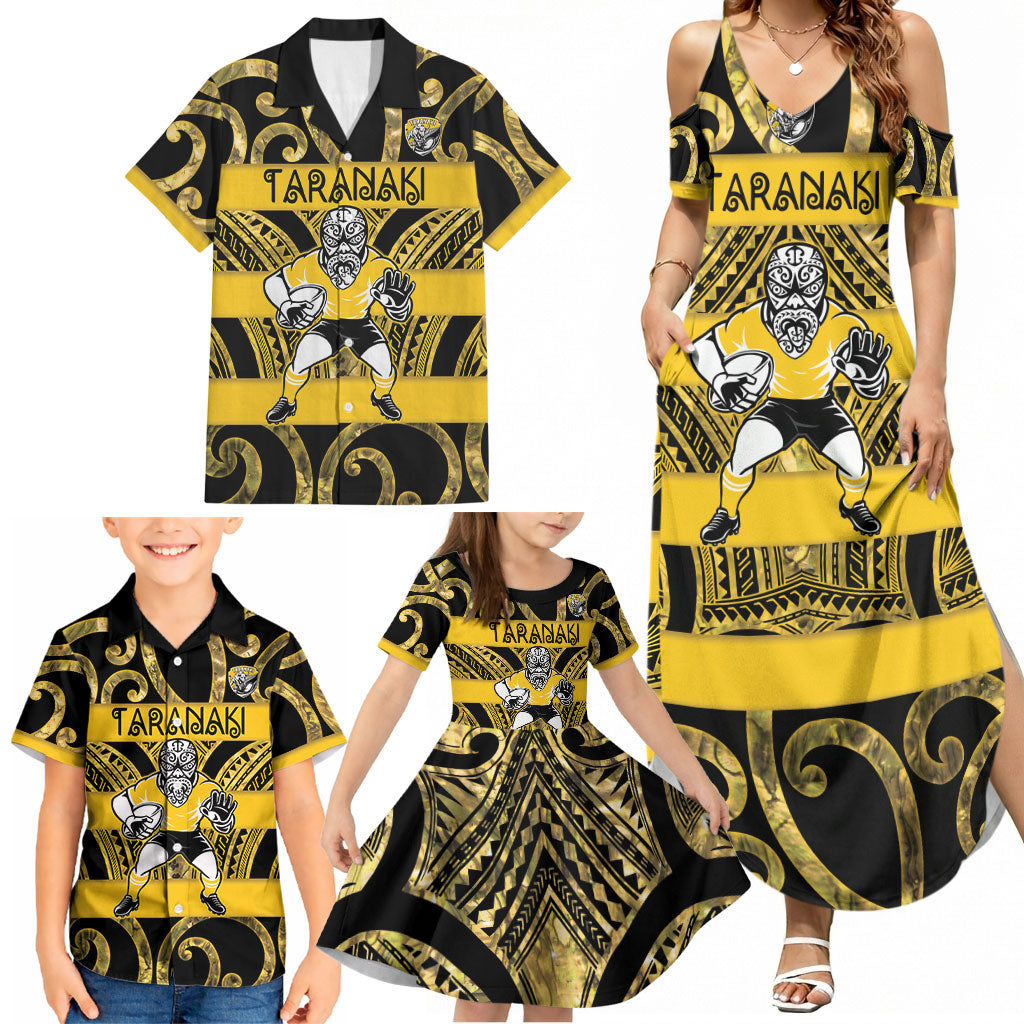 Taranaki Custom Rugby New Zealand Family Matching Summer Maxi Dress and Hawaiian Shirt Aotearoa Maori Pukana Tiki Mascot
