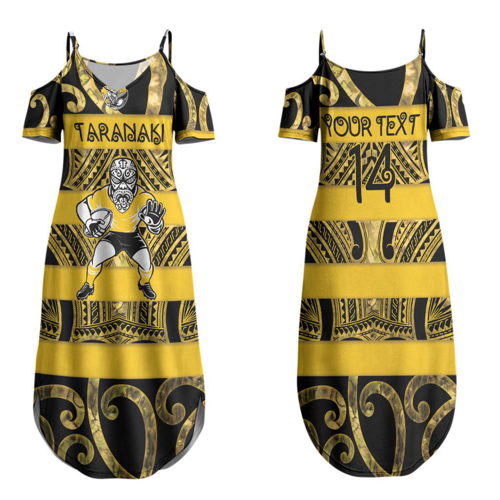 Taranaki Custom Rugby New Zealand Family Matching Summer Maxi Dress and Hawaiian Shirt Aotearoa Maori Pukana Tiki Mascot