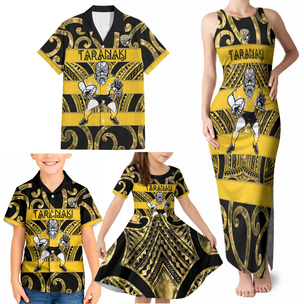 Taranaki Custom Rugby New Zealand Family Matching Tank Maxi Dress and Hawaiian Shirt Aotearoa Maori Pukana Tiki Mascot