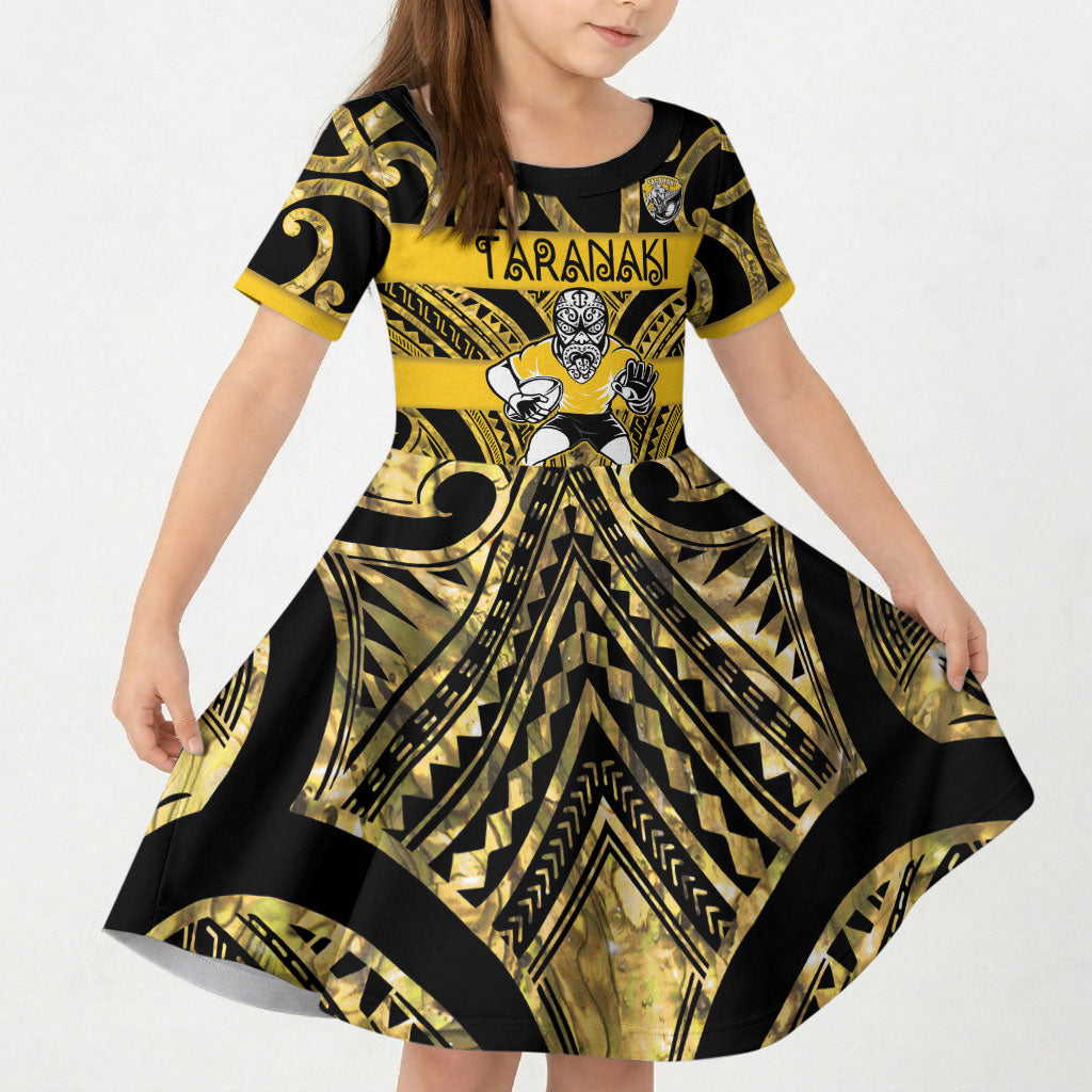 Taranaki Custom Rugby New Zealand Kid Short Sleeve Dress Aotearoa Maori Pukana Tiki Mascot