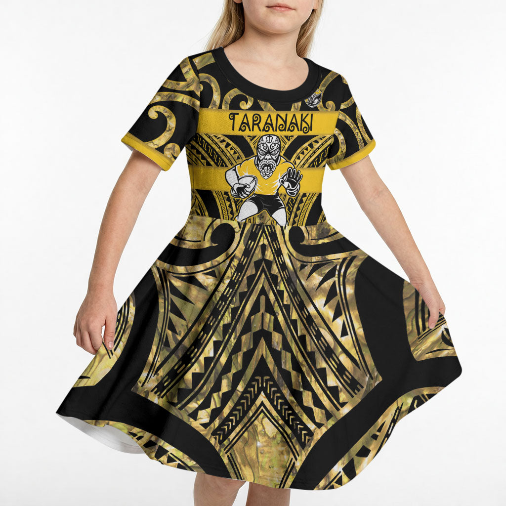 Taranaki Custom Rugby New Zealand Kid Short Sleeve Dress Aotearoa Maori Pukana Tiki Mascot