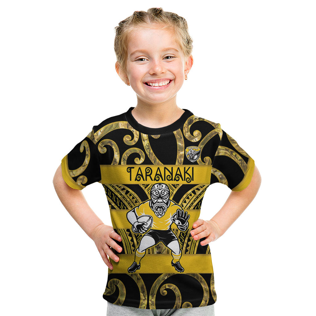 Taranaki Custom Rugby New Zealand Kid T Shirt Aotearoa Maori Pukana Tiki Mascot