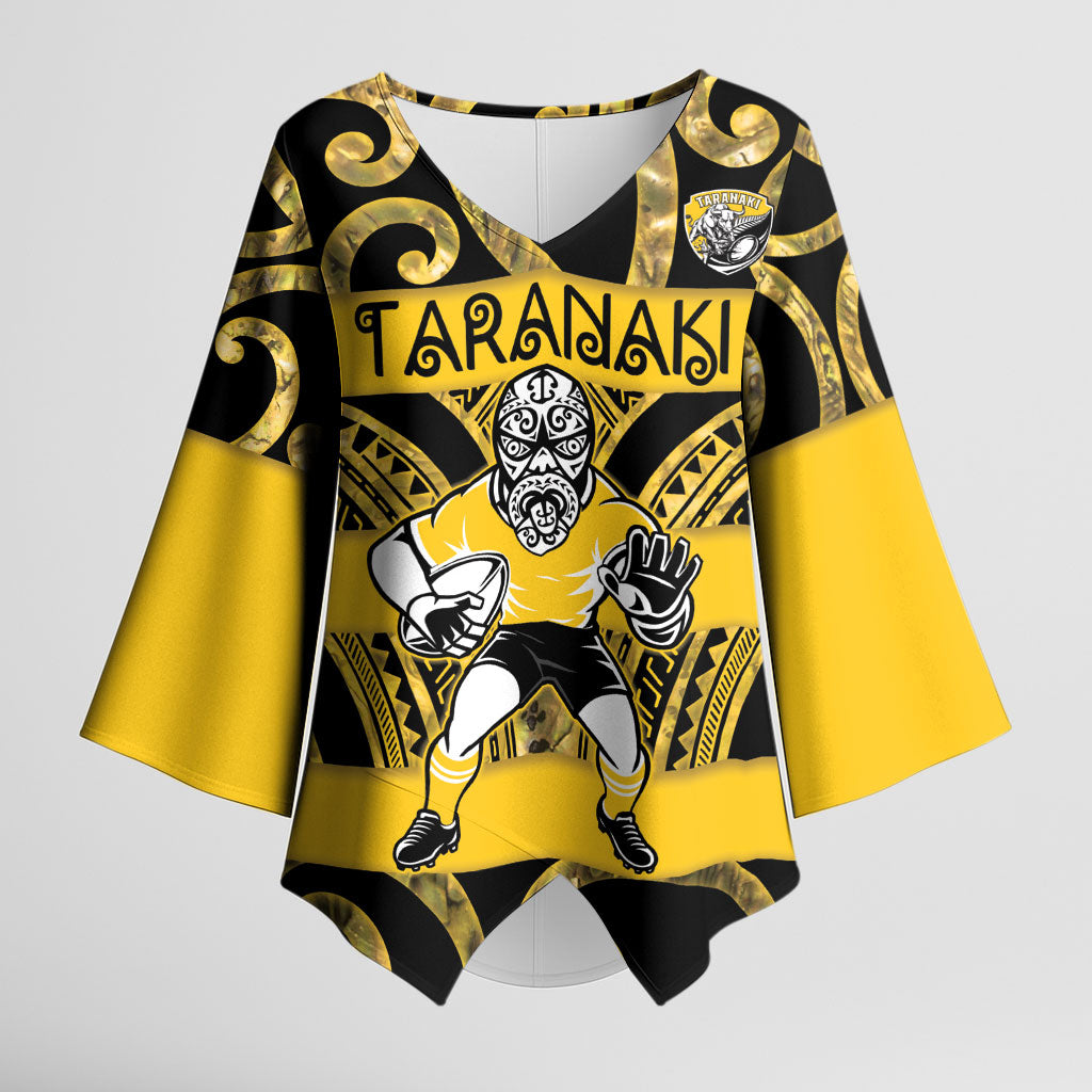 Taranaki Custom Rugby New Zealand Kimono Sleeve Blouse Aotearoa Maori Pukana Tiki Mascot