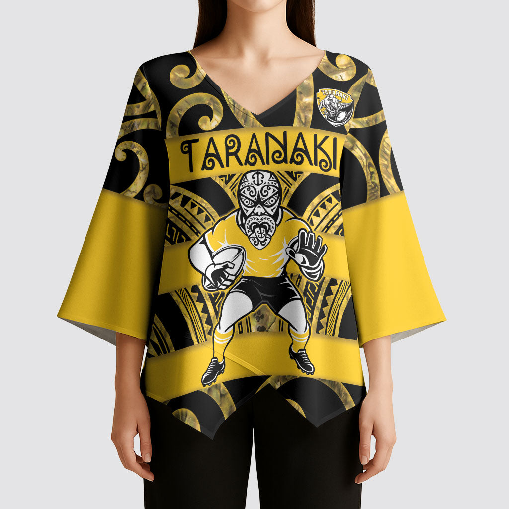 Taranaki Custom Rugby New Zealand Kimono Sleeve Blouse Aotearoa Maori Pukana Tiki Mascot
