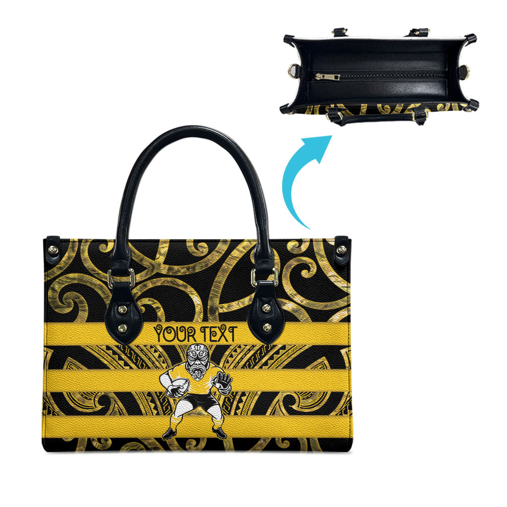 Taranaki Custom Rugby New Zealand Leather Bag Aotearoa Maori Pukana Tiki Mascot
