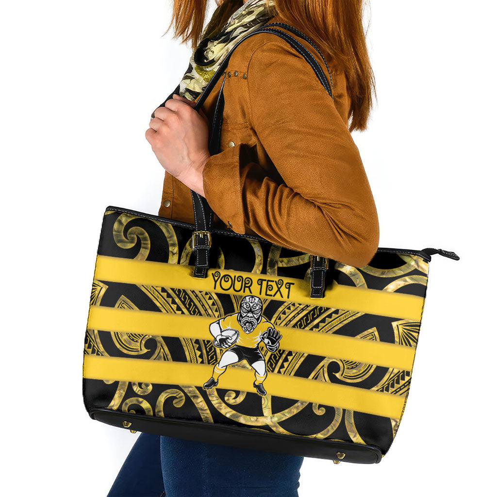 Taranaki Custom Rugby New Zealand Leather Tote Bag Aotearoa Maori Pukana Tiki Mascot