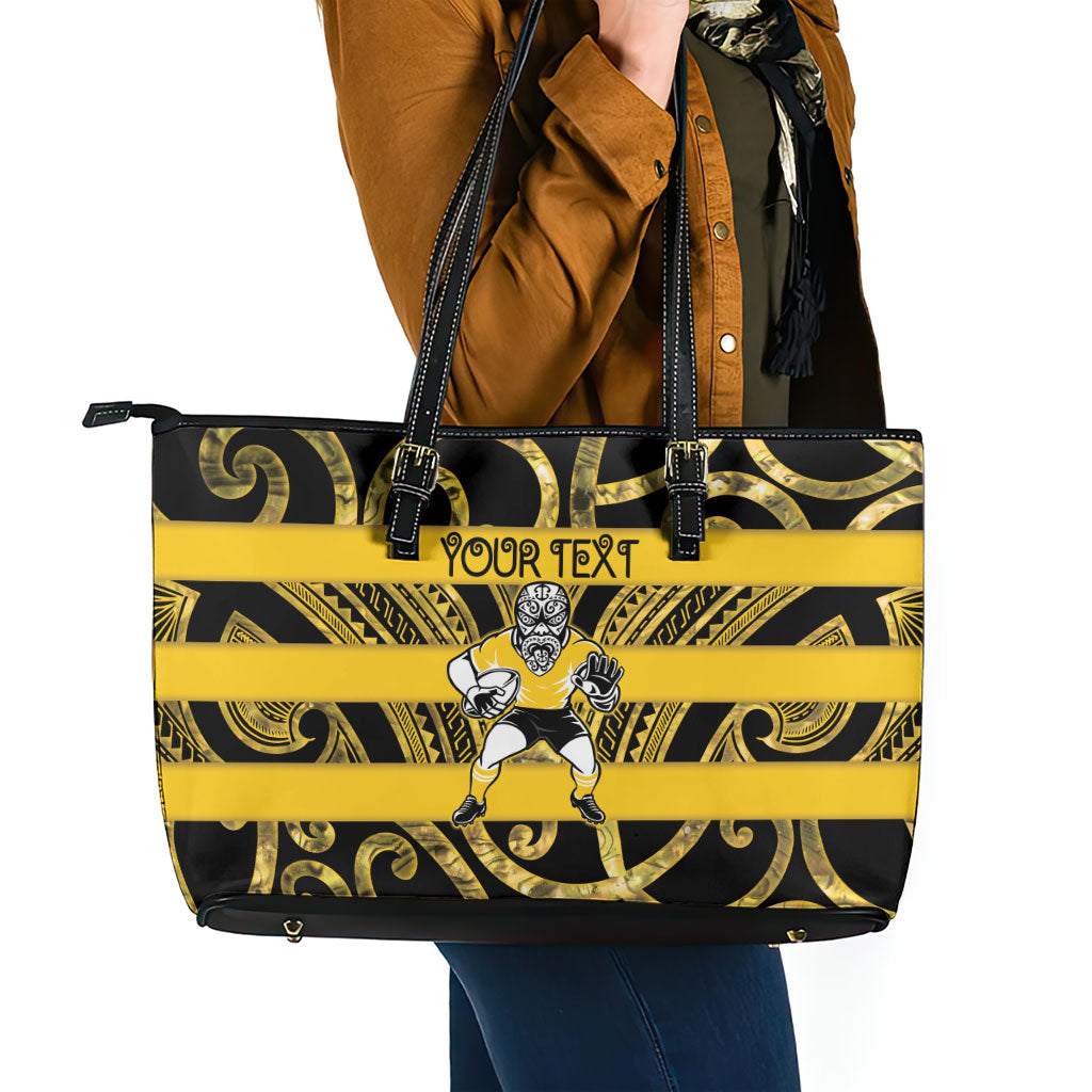 Taranaki Custom Rugby New Zealand Leather Tote Bag Aotearoa Maori Pukana Tiki Mascot