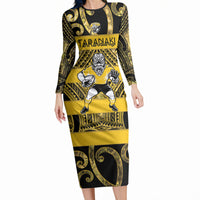 Taranaki Custom Rugby New Zealand Long Sleeve Bodycon Dress Aotearoa Maori Pukana Tiki Mascot