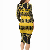 Taranaki Custom Rugby New Zealand Long Sleeve Bodycon Dress Aotearoa Maori Pukana Tiki Mascot