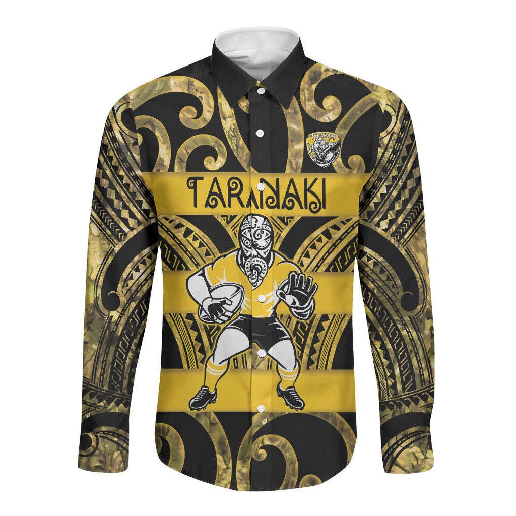 Taranaki Custom Rugby New Zealand Long Sleeve Button Shirt Aotearoa Maori Pukana Tiki Mascot