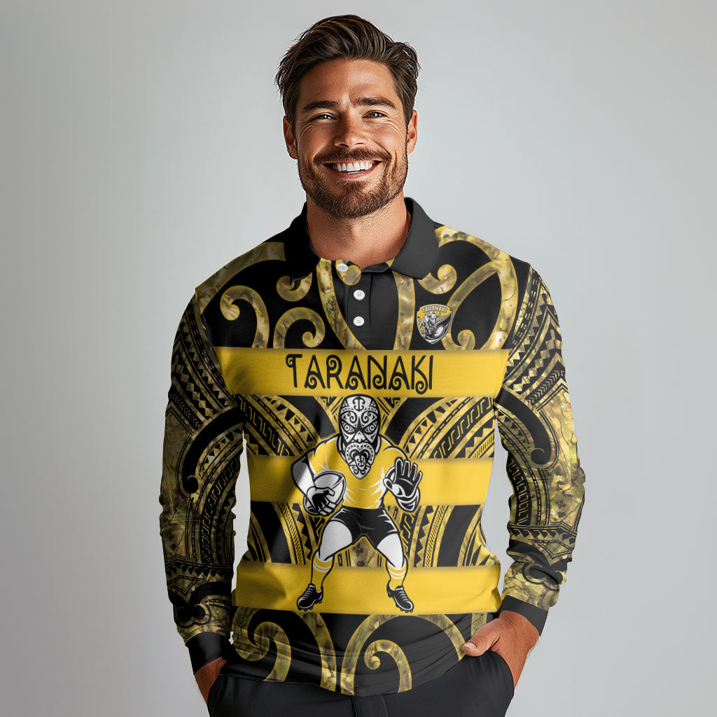 Taranaki Custom Rugby New Zealand Long Sleeve Polo Shirt Aotearoa Maori Pukana Tiki Mascot
