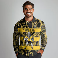 Taranaki Custom Rugby New Zealand Long Sleeve Polo Shirt Aotearoa Maori Pukana Tiki Mascot