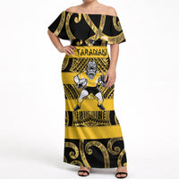 Taranaki Custom Rugby New Zealand Off Shoulder Maxi Dress Aotearoa Maori Pukana Tiki Mascot