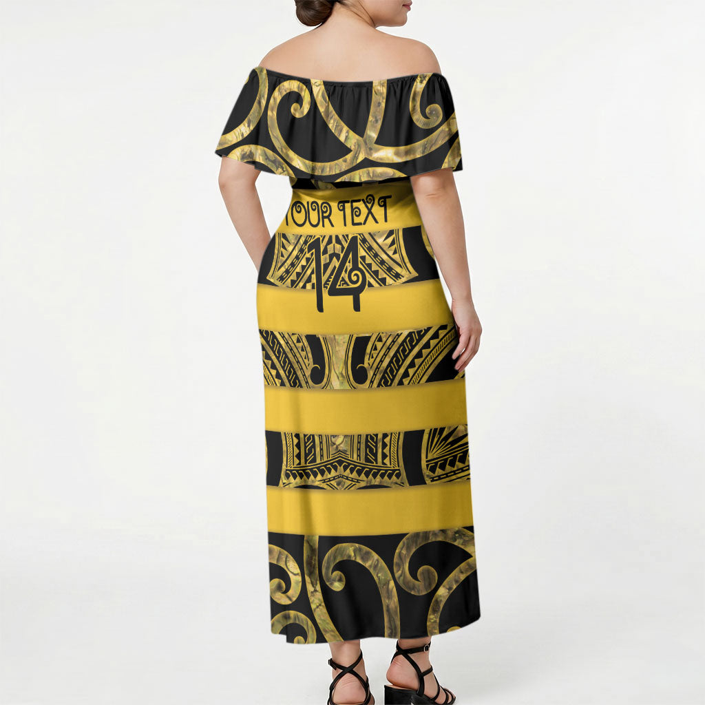 Taranaki Custom Rugby New Zealand Off Shoulder Maxi Dress Aotearoa Maori Pukana Tiki Mascot
