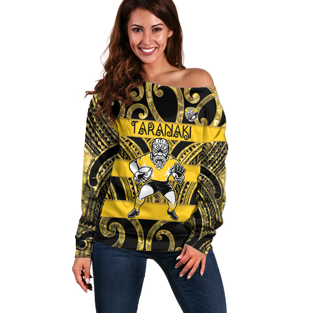 Taranaki Custom Rugby New Zealand Off Shoulder Sweater Aotearoa Maori Pukana Tiki Mascot