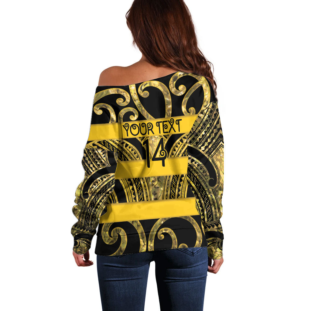 Taranaki Custom Rugby New Zealand Off Shoulder Sweater Aotearoa Maori Pukana Tiki Mascot