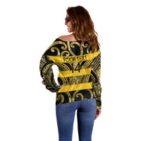 Taranaki Custom Rugby New Zealand Off Shoulder Sweater Aotearoa Maori Pukana Tiki Mascot